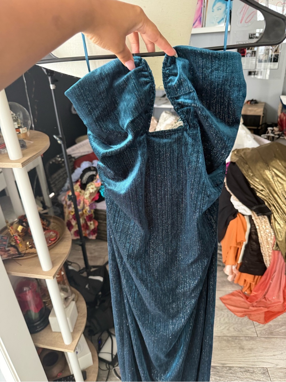 12th Tribe Teal Shimmer Ruffled Sleeve Maxi Dress